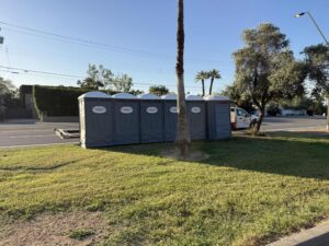 Southwest Sanitation porta potties set up along a Phoenix street